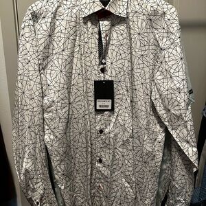 Elegant White and Black Dress Shirt with Intricate Pattern
